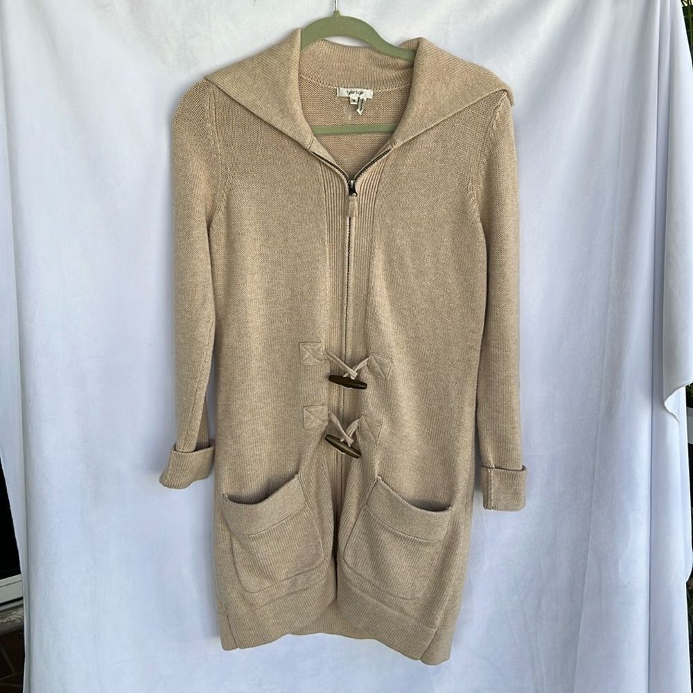 TYLER BOE longline zip front warm neck wool blend cardigan sweater with toggles